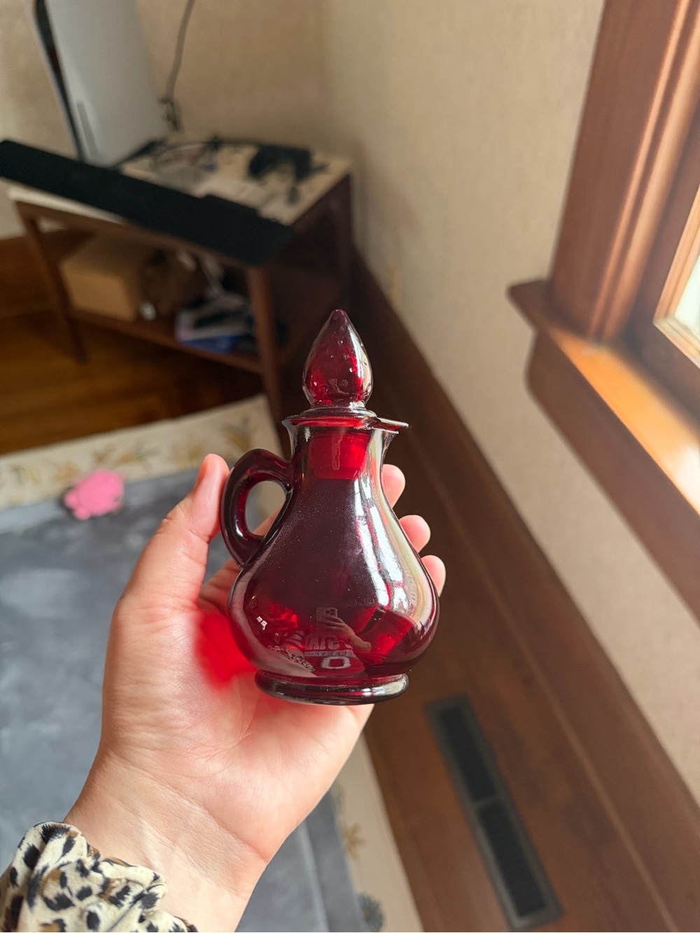 Ruby Red Glass Cruet Bottle with Strawberry Stopper - Avon
